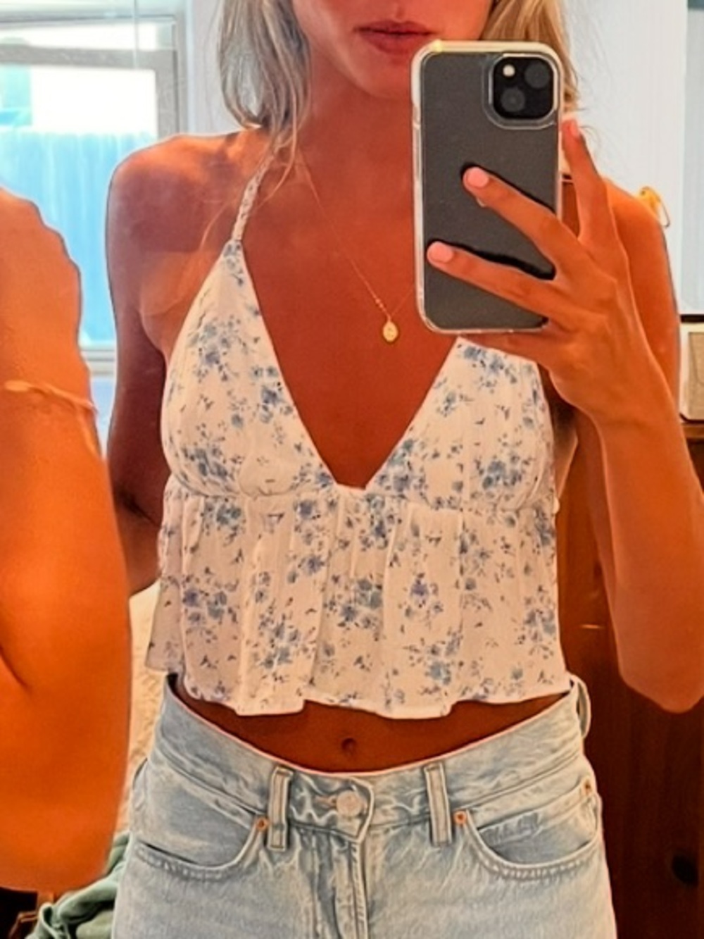 Garage White Halter Crop Top with Blue Floral Print